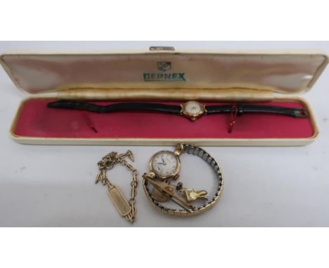 Ladies 9ct gold cased Rotary wrist watch on gold plated expanding strap, a Bernex Ladies 9ct gold cased wrist watch on leathe