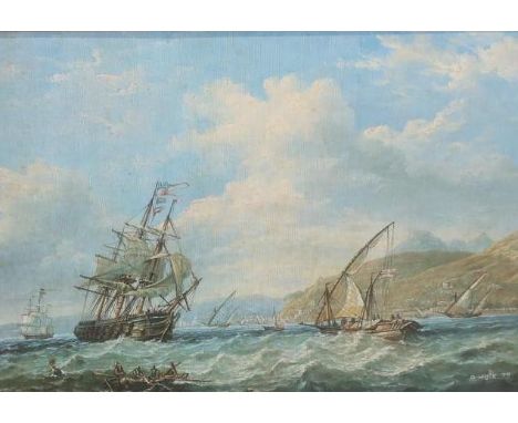 Heavy gilt framed oleograph of boats on coastline by A Hulk (67cm x 56cm including frame) 