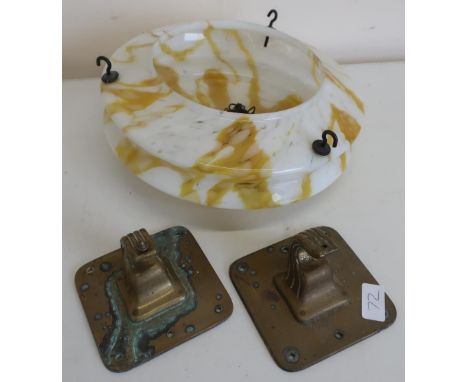C.1930s mottled glass centre hanging light shade (diameter 30cm) and a pair of heavy brass pole hooks 
