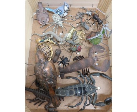 Selection of unusual decorative metal glass and ceramic type animal figures, mostly spiders, scorpions, insects etc 