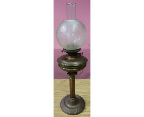 Early 20th C oil lamp with etched glass shade, and corinthium style column (height 70cm) 