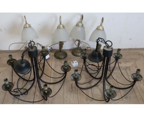 Set of four table lamps and a pair of wrought metal centre light fittings with a selection of various light shades