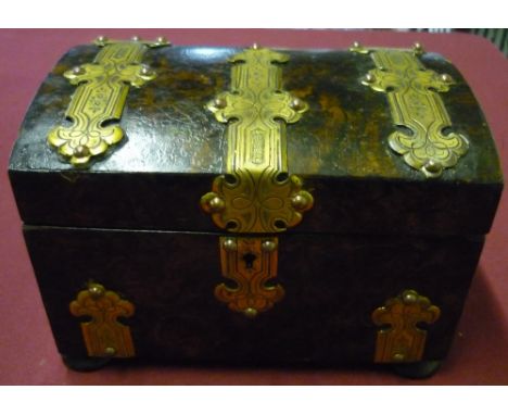 Victorian simulated walnut brass bound tea caddy with two divisions on turned bun feet retailers label for Richard Wathew, Bu