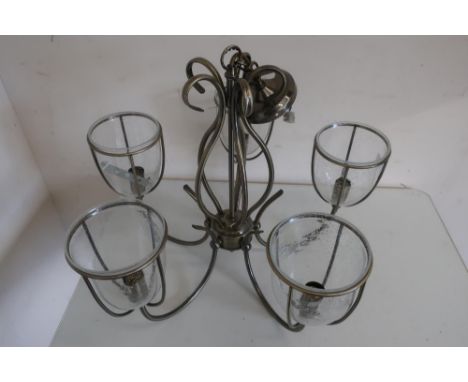 Brushed metal hanging light fitting, the five branches with clear bubbled glass shades 