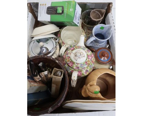 Earthenware twin lion mask planter on stand, various part tea sets, glassware, Motto ware jug, and Silvac No. 1969 Pixie jug 