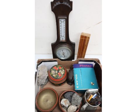 Oak cased aneroid barometer/thermometer, native timbers of New Zealand specimen wood pencil case, rock samples, souvenir teas