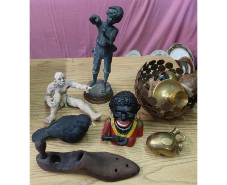 Selection of various studio ceramic figures, cast metal money box, carved wood figures, fruit bowl formed from various copper