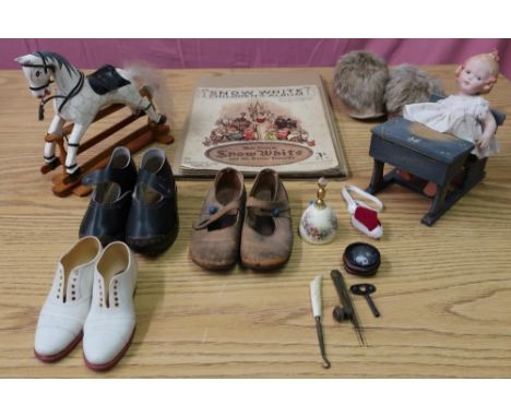 Pair of late Victorian children's leather shoes, pair of ceramic shoes, a pair of East Lancashire child's clogs, a pair of ce