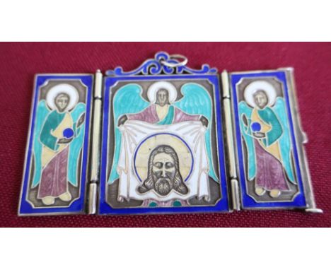 Russian silver and enamel triptych pendant, stamped  EA AK/1881 84, (4cm x 6.5cm) 