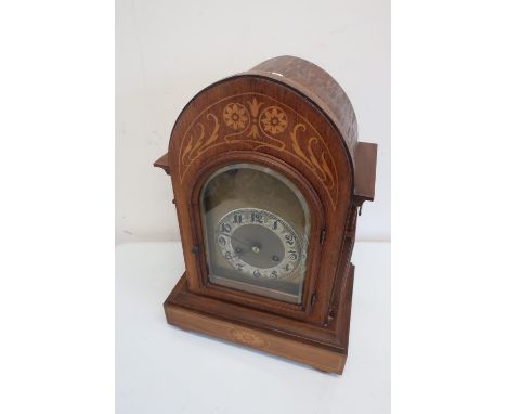 Edwardian walnut inlaid bracket clock with striking movement enclosed by bevelled edge glass panelled door (43cm high) 