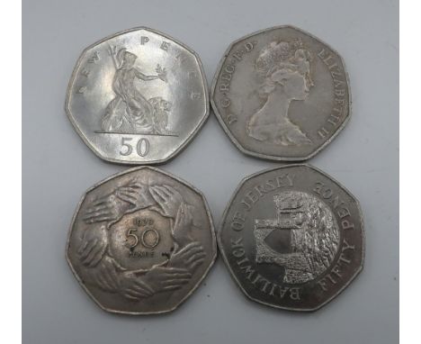 Collection of used 50 pence coins, incl. ring of hands Jersey etc, approx 110 