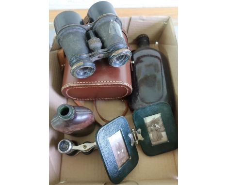 Pair of Vintage binoculars in leather case, pair of opera glasses, a leather covered hip flask, a Vintage spring cap bottle a
