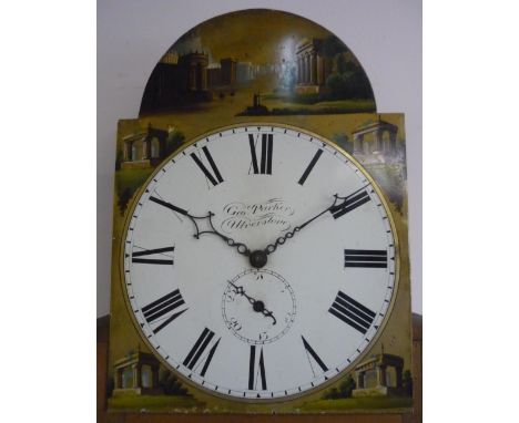 19th C mahogany crossbanded oak long cased clock, arch painted dial signed Geo. Parker, Ulverstone with subsidiary date dial,