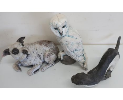 Large Raku wear style figure of a barn owl in crackle glaze (height 30cm), similar figure of an otter, and a seated dog signe
