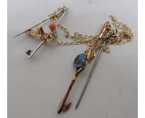 Gold and blue stone brooch stamped 9ct, white gold coral and seed pearl brooch stamped 9ct and gold crucifix stamped K14 on g