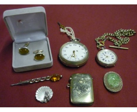 Continental silver case fob watch stamped 935, a Scottish pin stamped Sterling silver, a silver and enamel pixie brooch marke