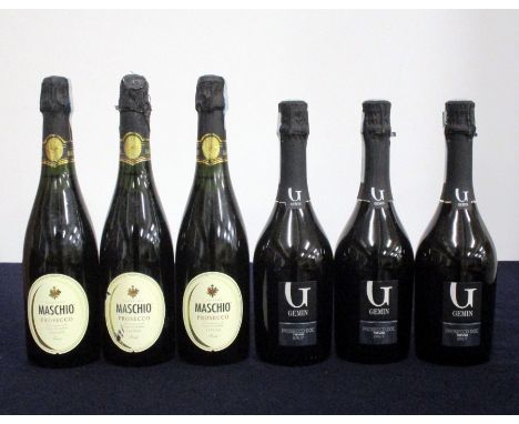 3 bts Maschio Prosecco Treviso NV 1 vsl torn label 3 bts Gemin Prosecco Treviso NV Above six bottles