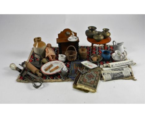 Collection of Dolls House miniatures and soft metal furniture, including milk glass tea set with teapot, sugar bowl, milk jug