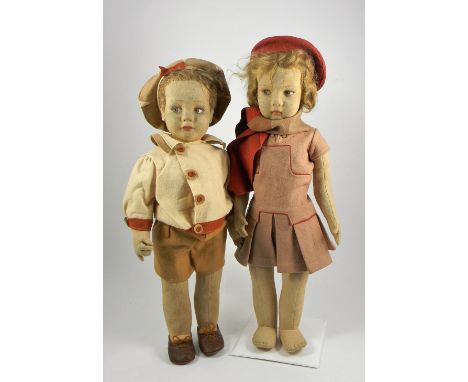 A pair of Lenci cloth dolls, Italian, 1930’s, each having moulded felt face with painted brown side glancing eyes, shaded mou