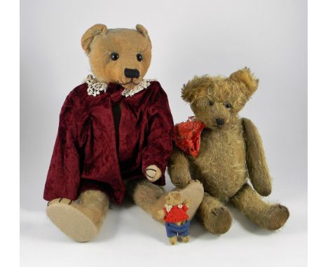 Two early English Teddy Bears and a WWI Mascot bear, circa 1918, Steevans Manufacturing Co. mohair bear with black boot butto