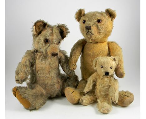 Five Merrythought bears including Colin a golden mohair Teddy Bear, 1930s, Colin with large glass eyes, brown stitched nose a