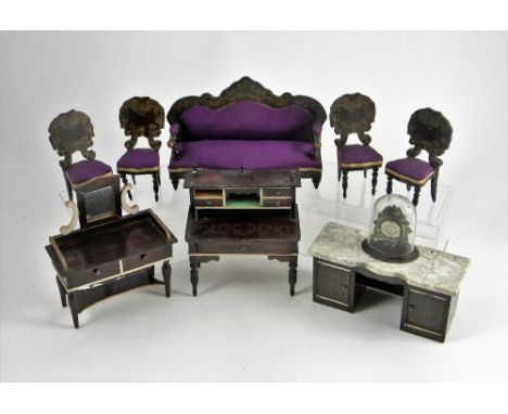 Set of Waltershausen Dolls House Furniture, German circa 1890, including a set of four chairs and sofa with purple silk uphol