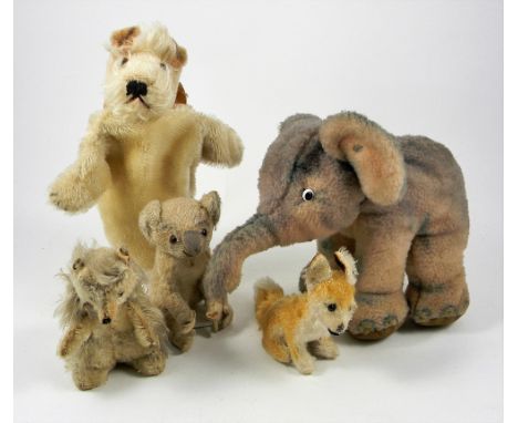 Five Steiff soft toys, 1960s/70s, including Elephant, Fox, Koala, Hedgehog and Terrier hand puppet, all with button to ears, 