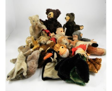 Collection of fourteen hand Puppets, including four Teddy Bears two in dark brown with golden muzzles, five various Monkeys o