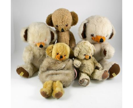 Collection of five Merrythought Cheeky Bears, 1960s/70s, including a golden mohair Cheeky Muff, very good condition, 13” (33c