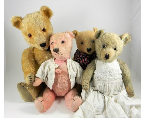 Pink mohair Chiltern Teddy Bear and three others, pink mohair bear with large glass eyes, stitched nose, mouth and claws, pin