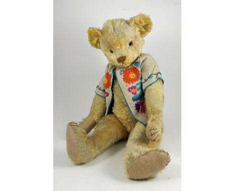 Three Large Teddy Bears, golden mohair bear with black boot button eyes, brown stitched nose, mouth and claws, swivel head an