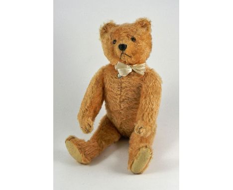 A rare and fine M. Pintel Fils  golden mohair Teddy Bear, circa 1920, wood wool stuffed bear with black boot button eyes, cli