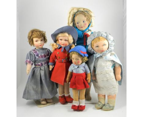 A Deans Rag Book cloth girl doll in red coat, English 1930’s, with painted features, blue eyes and long blonde hair, swivel h