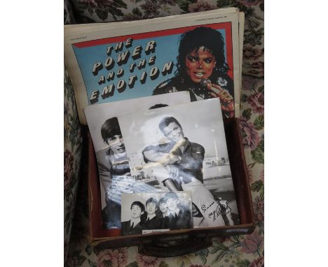SMALL CASE CONTAINING MICHAEL JACKSON NEWSPAPERS, BEATLES PHOTO PLUS POSTCARD AND ALSO CLIFF RICHARD PHOTO
