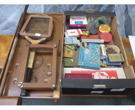 VARIOUS VINTAGE GAMES, BAGATELLE BOARD, BADMINTON RACQUETS, ACCESSORIES AND GOLF CLUBS, ETC.