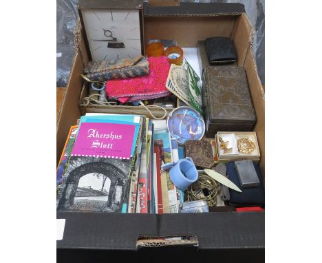 SUNDRY LOT INCLUDING MAPS, PAMPHLETS, COINAGE, COSTUME JEWELLERY, LIGHTERS, STORAGE BOX WITH SILVER COLOURED INLAY AND MANTEL