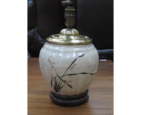 EARLY ORIENTAL STONEWARE GLAZED GINGER JAR, CONVERTED INTO TABLE LAMP