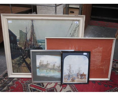 FRAMED WATERCOLOUR DEPICTING A CASTLE SCENE, FRAMED POLYCHROME PRINT DEPICTING FISHING BOATS, WG HERDMAN PRINT AND PRINT OF W