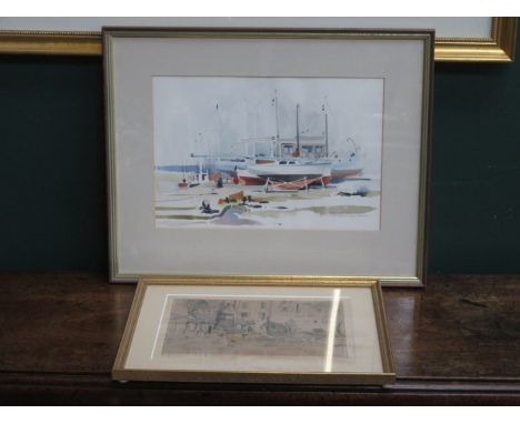 JOHN RATCLIFFE, FRAMED WATERCOLOUR OF COLLINGWOOD DOCK, LIVERPOOL, AND ALSO LIONEL BARRYMORE PRINT DEPICTING A COURTYARD SCEN