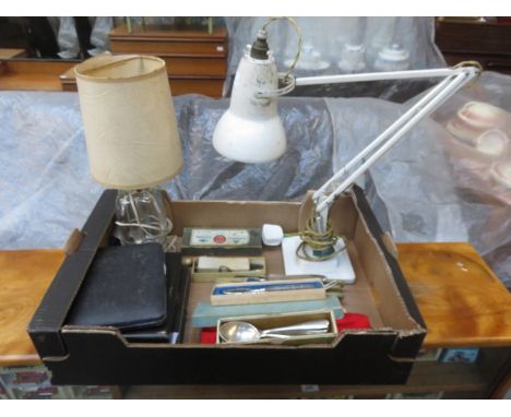 PARCEL OF VARIOUS SILVER PLATED FLATWARE, GLASS TABLE LAMP, ETC, AND ALSO ANGLEPOISE LAMP