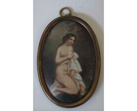 CONTINENTAL MINIATURE OVAL PORTRAIT ON CONVEX CERAMIC PANEL.