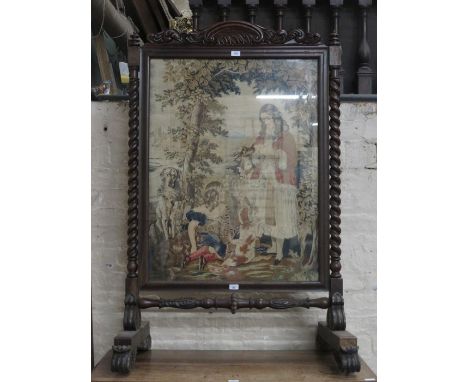 VICTORIAN ANTIQUE MAHOGANY BARLEY TWIST TAPESTRY FIRESCREEN 