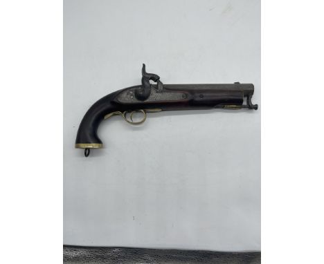 An English East India Company cavalry percussion cap steel barrelled pistol, 19th century. Struck with lion crest mark to loc