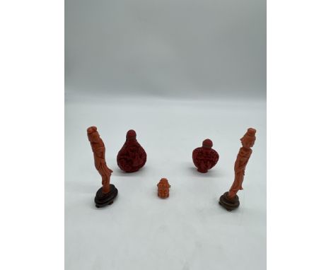 Oriental Coral Figures along with 9ct Gold Buddha Head Ring and Scent Bottles.