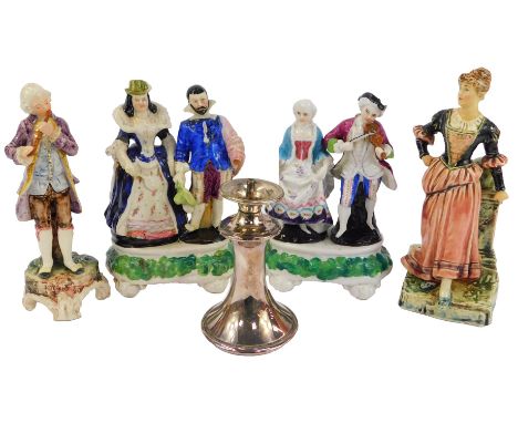 A Royal Dux pottery figure, modelled as a gentleman in 18thC dress playing a flute, printed marks, 18cm high, together with f