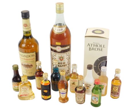 A group of alcohol, to include a bottle of Calvados, Keo brandy, Dunkeld Atholl Brose Scotch whisky liqueur, together with al