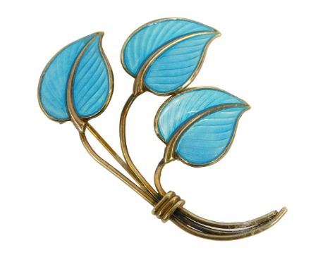 A Norwegian silver and enamel brooch, of three leaf form, with turquoise guilloche inlay, stamped 925s sterling, Norway.