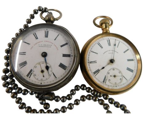 A gold plated Waltham pocket watch, with Roman numerals to chapter ring, subsidiary seconds dial, (AF, glass face missing and