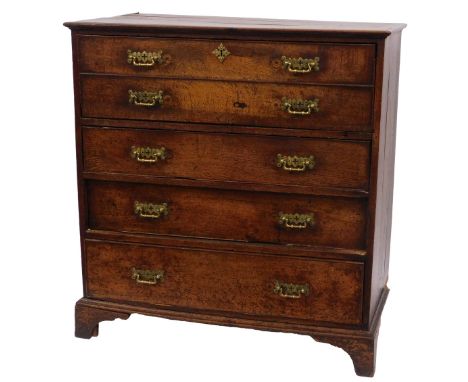 An 18thC oak secretaire chest, the faux top two drawers enclosing an arrangement of smaller drawers and a drop section above 