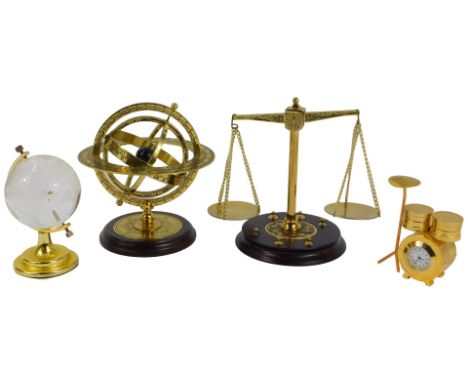 A Franklin Mint brass armillary, on a turned wooden stand, 14cm high, together with a Franklin Mint brass balance scale, on t